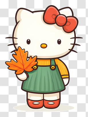 Hello Kitty Holding Autumn Leaf - Cute Cartoon Cat With Leaf Transparent PNG