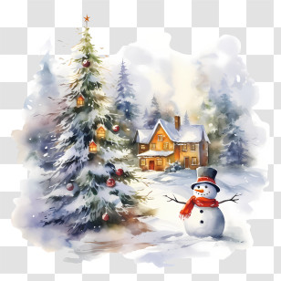 Christmas Card Day - Snowman And Christmas Tree In A Festive Winter Landscape Transparent PNG