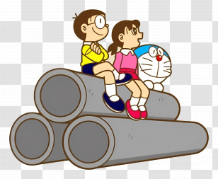 Doraemon - Cartoon Characters Sitting On Pipes Transparent PNG