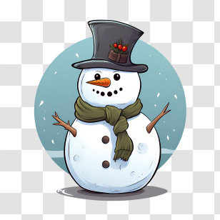 Snowman - Cartoon Snowman With Scarf And Top Hat In Winter Scene Transparent PNG