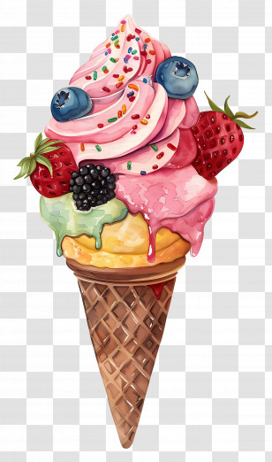 Gelato - Decorative Ice Cream Cone With Berries And Sprinkles Transparent PNG