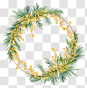 Mimosa Flowers Wreath - Yellow Flower Wreath With Pine Leaves Transparent PNG