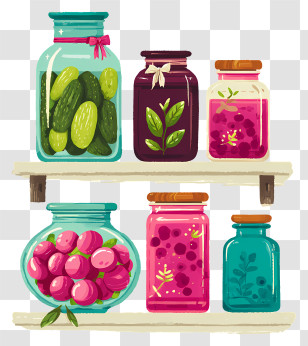 Colorful Jars On Kitchen Shelves - Colorful Preserved Jars On Shelf Transparent PNG