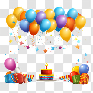 Birthday Frame - Birthday Party Celebration With Balloons And Cake Transparent PNG