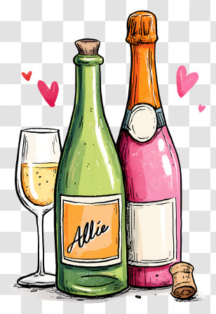 Wine Bottle And Champagne - Wine Bottles And Glass With Hearts Transparent PNG