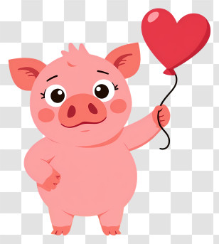 Cartoon Pig - Pink Pig With Heart Balloon Transparent PNG