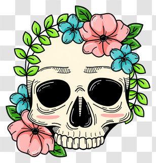 Halloween Skull Flowers - Floral Skull With Blue Flowers Transparent PNG