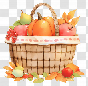Autumn Fruit Basket - Autumn Harvest Basket With Fruits And Leaves Transparent PNG