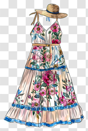 Boho - Floral Maxi Dress With Hat Transparent PNG