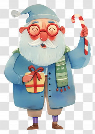 Cartoon Old Man - Santa Claus With Gift And Candy Cane Transparent PNG