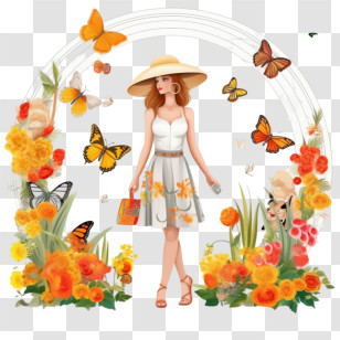 Summer Border - Fashionable Woman With Butterflies And Flowers Transparent PNG