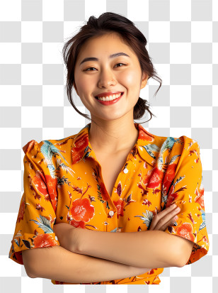Model - Smiling Woman In Floral Yellow Shirt Transparent PNG