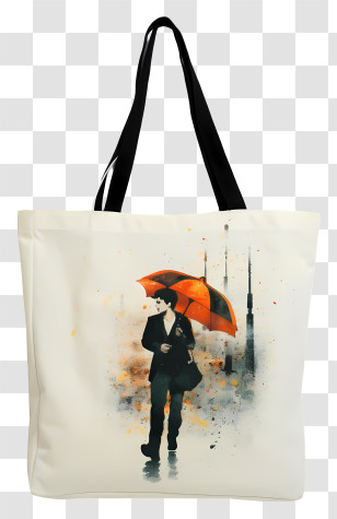 Tote Bag - White Tote Bag With Man And Umbrella Design Transparent PNG
