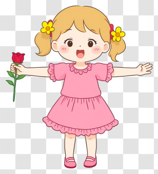 Little Girl Holding Roses - Happy Girl With Flower In Pink Dress Transparent PNG