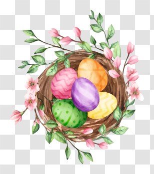Hand Painted Eggs - Easter Eggs In Nest With Flowers Transparent PNG