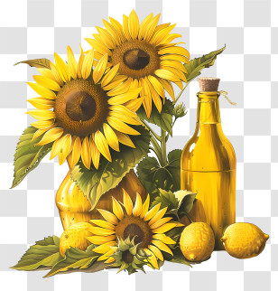 Sunflower Oil - Sunflower Still Life Decor With Lemons And Oil Bottle Transparent PNG