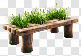 Wooden Bench - Wooden Bench With Grass In Garden Transparent PNG
