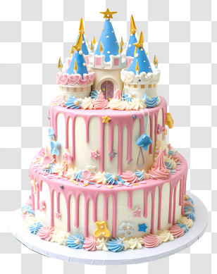 Princess Birthday Cake - Castle-Themed Birthday Cake With Pink And Blue Decorations Transparent PNG