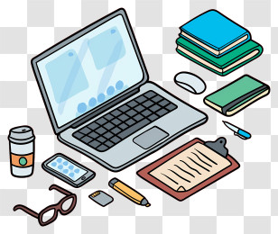 Desk - Laptop And Office Supplies In Flat Cartoon Style Transparent PNG