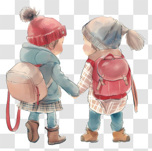 Students With Backpack - Two Children Holding Hands In Winter Clothes Transparent PNG