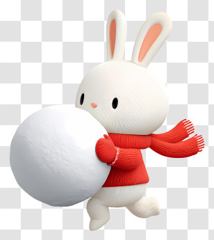 Bunny Pushing Snowball - White Bunny With Snowball In Winter Attire Transparent PNG