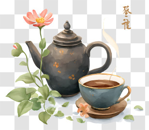 Tea Ink Painting - Teapot And Cup With Flower Transparent PNG