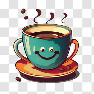 Cartoon Coffee Cup - Smiling Coffee Mug With Steam And Beans Illustration Transparent PNG