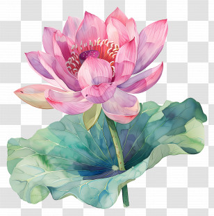 Watercolor Lotus - Pink Lotus Flower With Green Leaf Illustration Transparent PNG