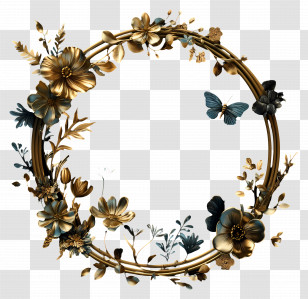Floral Gold Frame - Golden Floral Wreath With Butterfly Ornament Transparent PNG
