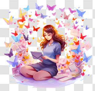 Digital Painting - Girl Reading Surrounded By Butterflies And Books Transparent PNG