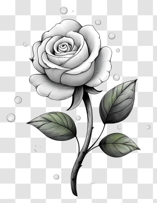 Rose Swirl - Black And White Rose With Leaves Transparent PNG