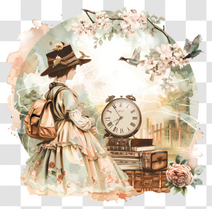 Cherish An Antique Day - Vintage Scene With Woman And Clock Transparent PNG