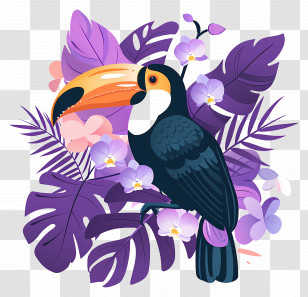 Toucan - Tropical Toucan With Purple Flowers Transparent PNG