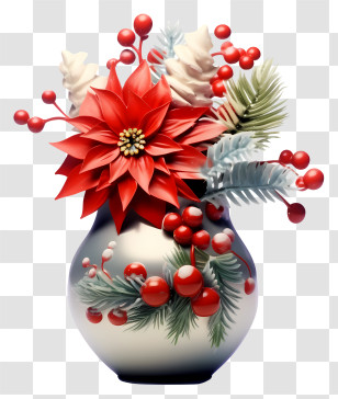 Vase - Christmas Flower Vase With Poinsettias And Holly Transparent PNG
