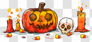 Halloween Decor - Pumpkin With Skull And Burning Candles For Halloween Transparent PNG