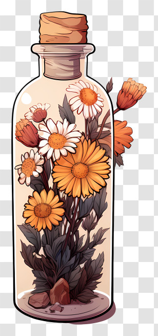 Dry Flower Glass - Yellow Daisies In Glass Bottle Artwork Transparent PNG