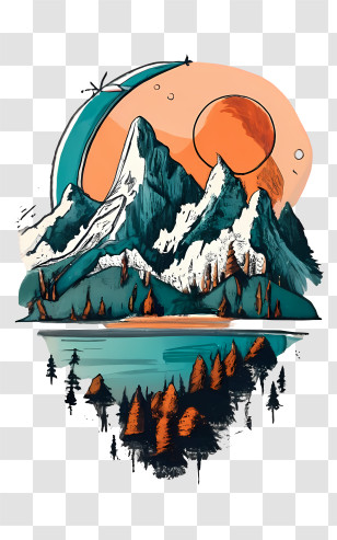 Patagonia Mountain Range - Vivid Mountain Landscape Art With Sun And Moon Transparent PNG