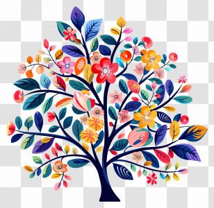 Flower Tree - Colorful Tree Illustration With Flowers And Leaves Transparent PNG