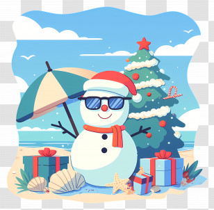 Beach Christmas Snowman - Christmas Snowman On A Sunny Beach Scene Transparent PNG