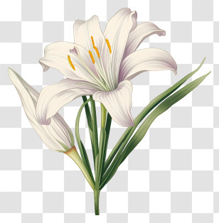 Lily Flower - White Lily With Green Leaves Transparent PNG