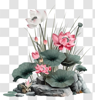Zen Flower Arrangement - Lotus Flowers In A Rock Arrangement Transparent PNG