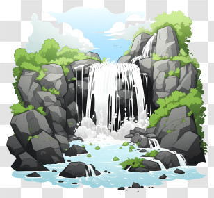 Doodle Style Waterfall - Cartoon Waterfall Scene With Rocks And Greenery Transparent PNG