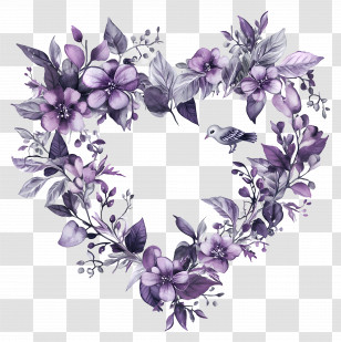 Love Birds - Purple Floral Heart Wreath Illustration Transparent PNG