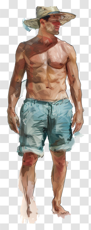 Man Beach Body - Man In Beachwear With A Hat Cartoon Illustration Transparent PNG