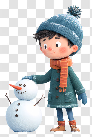Boy Making Snowman - Boy Building A Snowman In Winter Transparent PNG