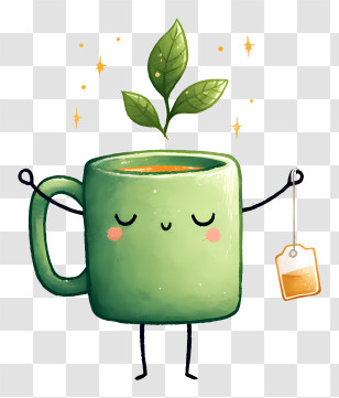 Tea Mug With Tea Bag - Happy Green Tea Mug Character Transparent PNG