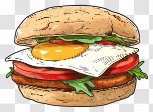 Breakfast Sandwich - Burger With Fried Egg Topping And Fresh Ingredients Transparent PNG