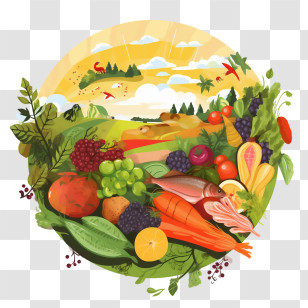 World Food Day - Fresh Fruits, Vegetables, And Fish In Countryside Scene Transparent PNG