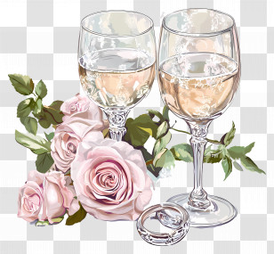 Wedding Rings - Wine Glasses With Roses And Rings In Romantic Setting Transparent PNG