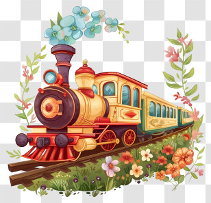 Spring Field - Vintage Steam Train Decorated With Flowers Transparent PNG